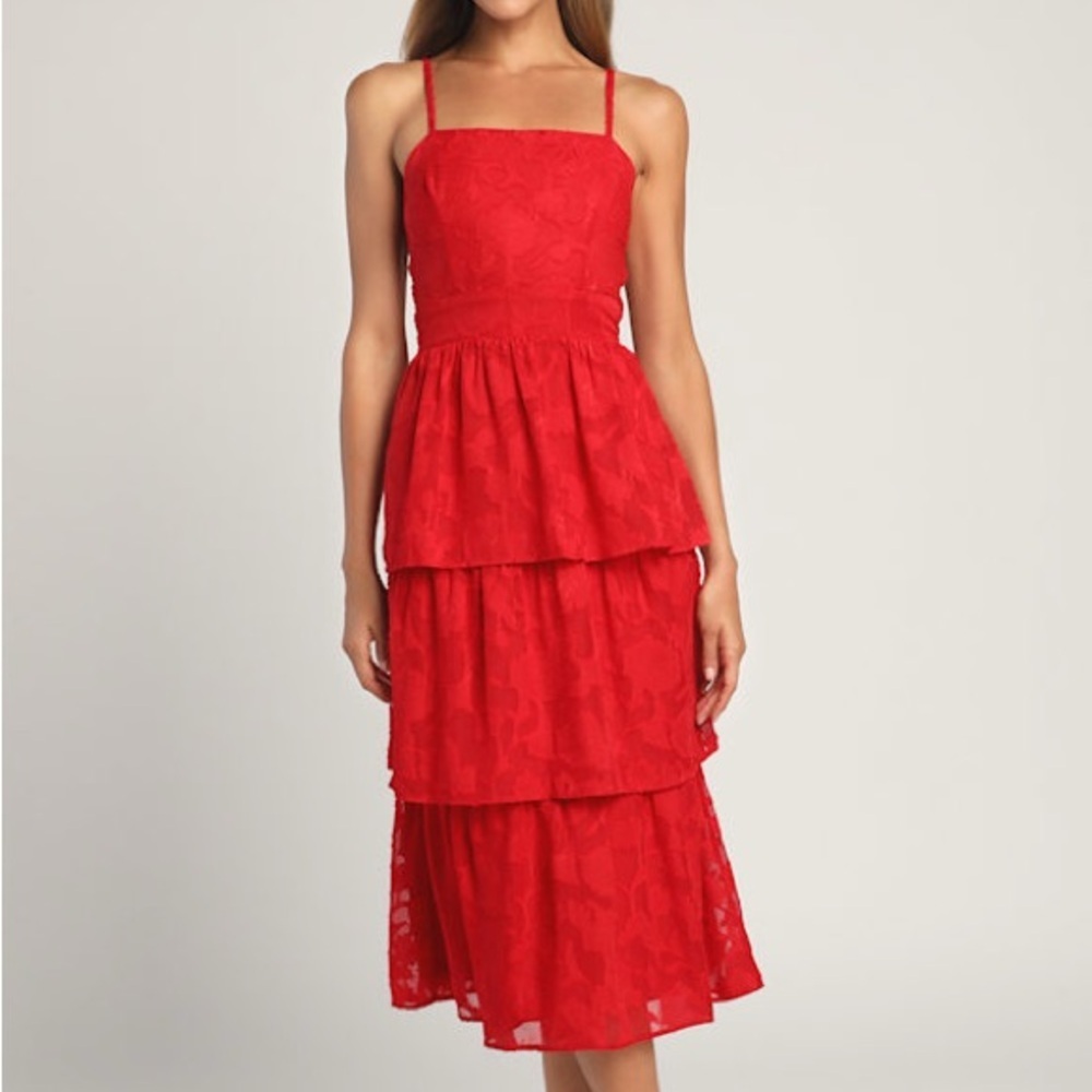 Lulus Grace and Beauty Red Burnout Floral Print Tiered Dress Size XL - Picture 3 of 8